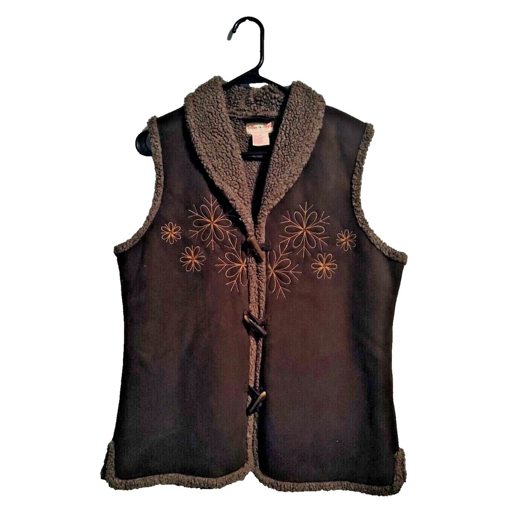 TOFFEE APPLE Flora Embroidery‎ Sherpa Lined Vest, size Medium, Brown